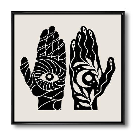 Designart - HamSa Hands With Eye And Moon Black And White Illustration - Modern Canvas Wall Art Print in Black Frame